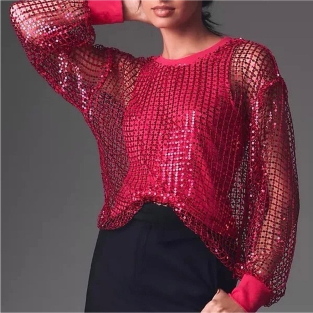 Anthropologie Pilcro Long-Sleeve Sequin Top Raspberry medium NWT
